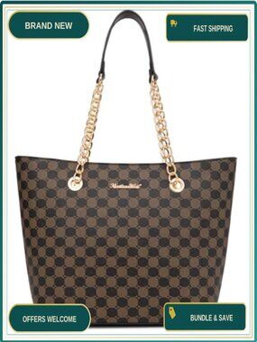 PU Leather Satchel Tote Bag Chain Handle Vegan Purse Large Capacity